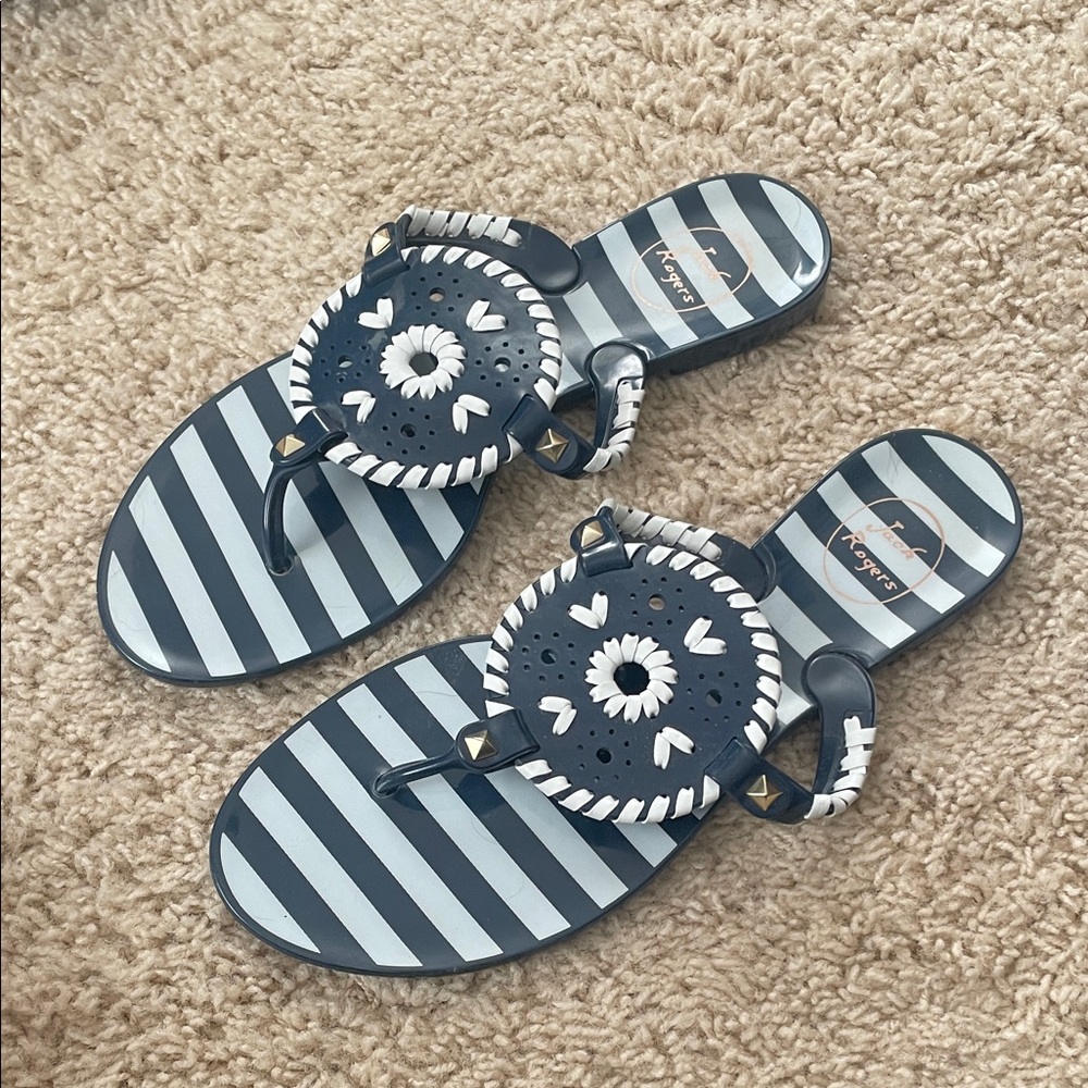 Jack Rogers navy and white striped flip-flops (size 8).
